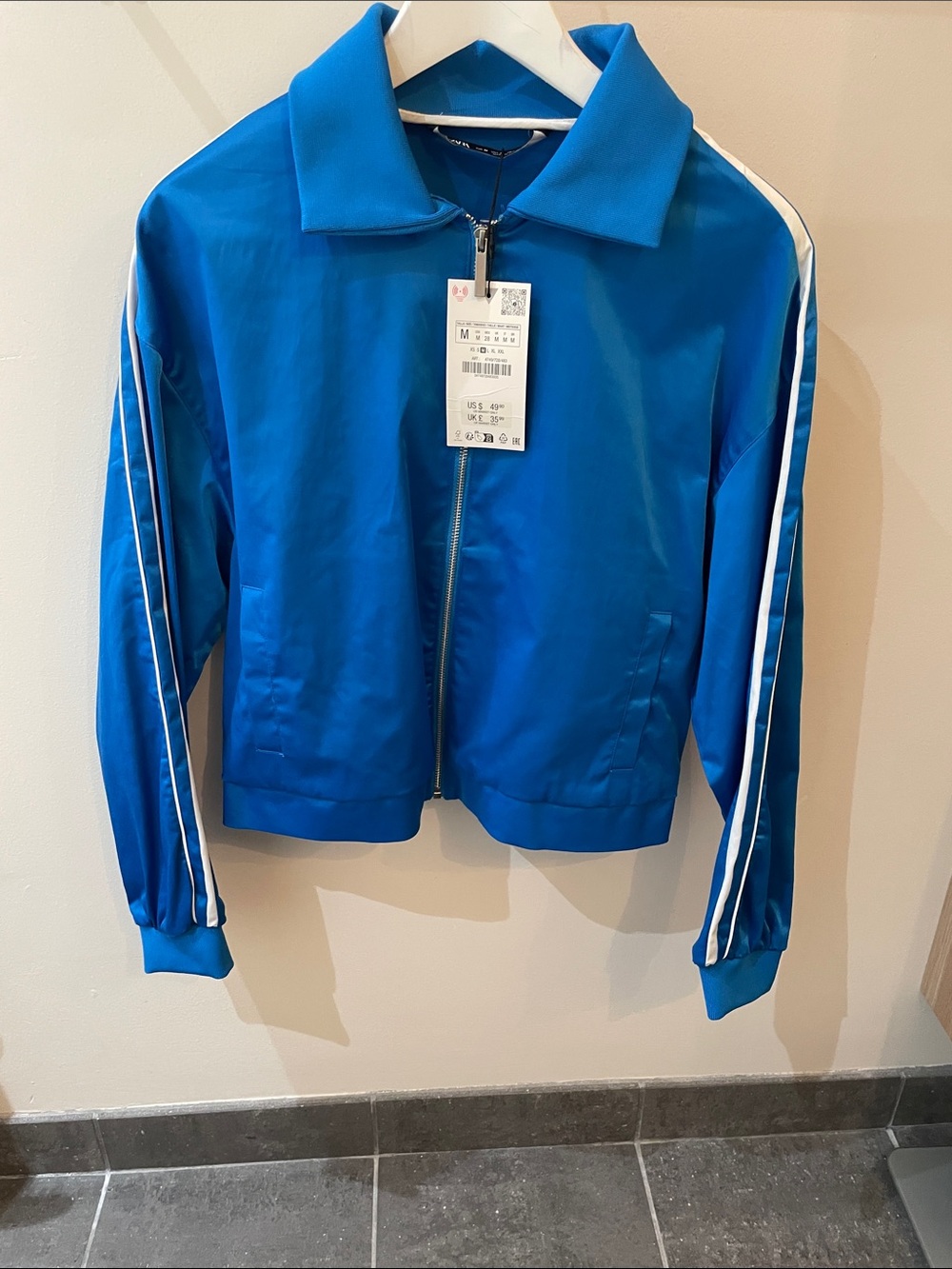 Zara Blue Bomber Jacket with White Stripes